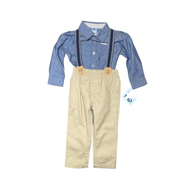 NWT Little Lad Boys Outfit Bundle Pants Suspenders‎ Button Up Shirt Shirt 12mo - Picture 1 of 7